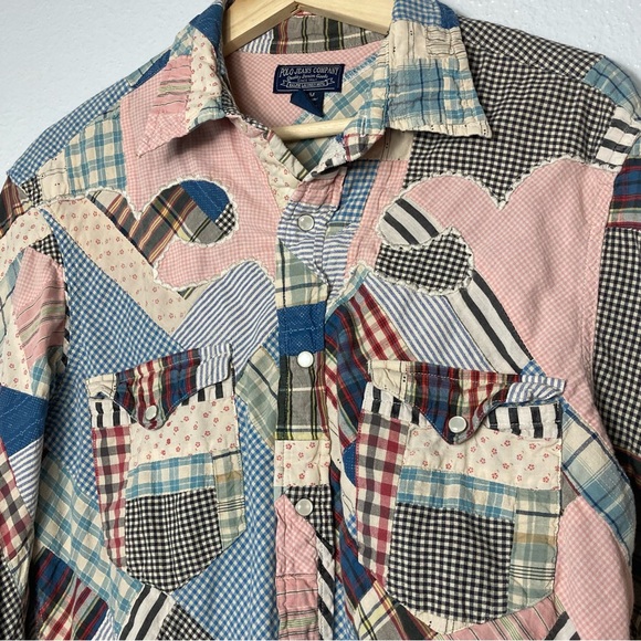 Rare vintage unisex Ralph Lauren Polo Patchwork Long sleeve snap button shirt - Picture 3 of 8